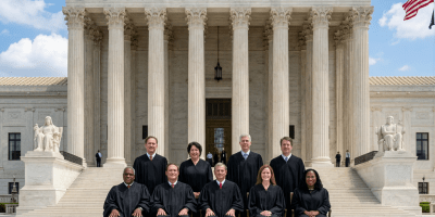 Exterior of the US Supreme Court building with columns and visitors