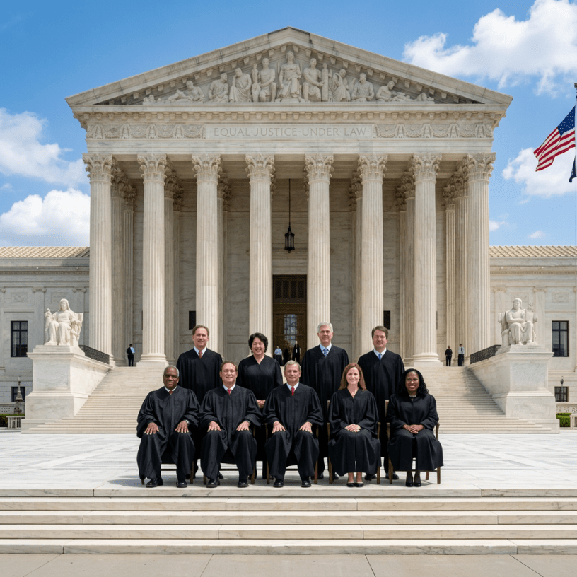 Exterior of the US Supreme Court building with columns and visitors